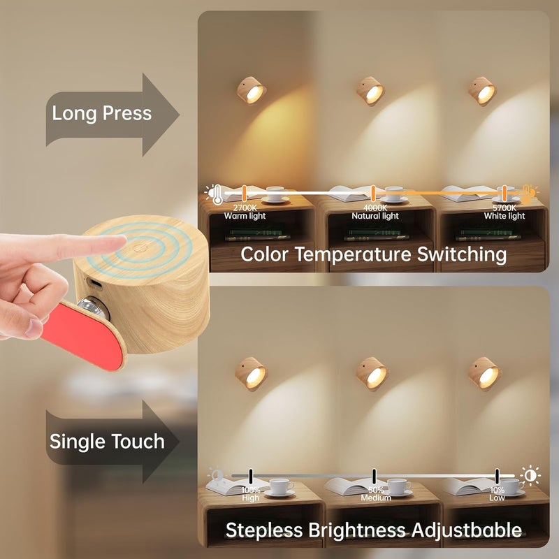 Koopala 3PACK Rechargeable LED Wall Sconce, Cordless Battery with Remote Powered Wall Sconce, 3 Brightness Levels, 360° Swivel Magnetic Shade for Reading Bedside, Wood Grain Color. - Image 2